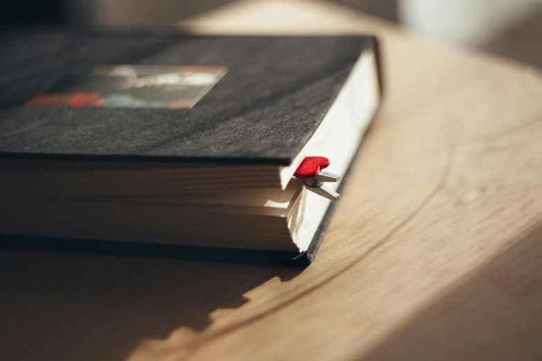 a book sitting on top of a wooden table, pexels contest winner, black steel with red trim, the key of life, close - up portrait shot, natural morning light