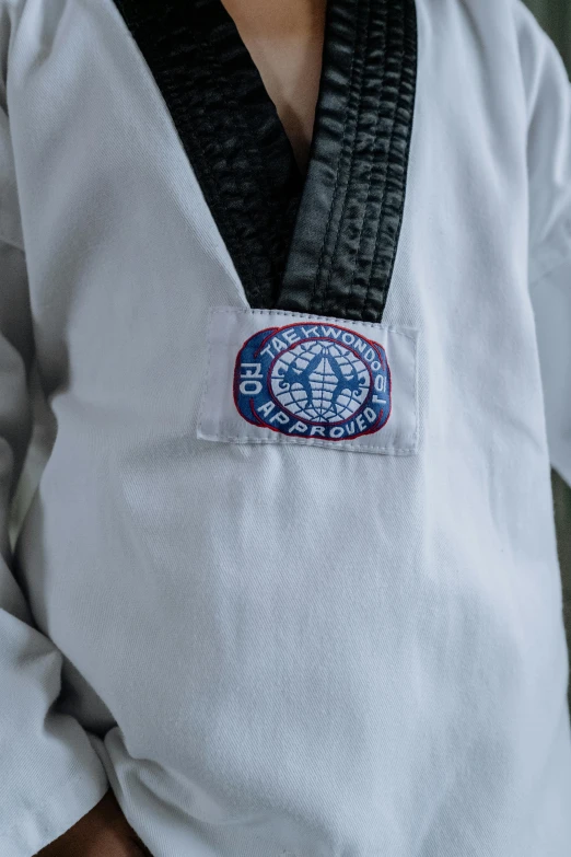 a close up of a person wearing a karate uniform, nasa quality, ted nasmuth, hanbok apron, badge on collar