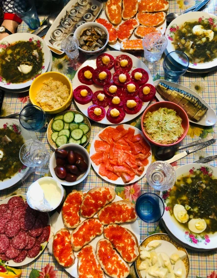 a table topped with lots of different types of food, nika maisuradze, thumbnail, salmon khoshroo, multiple stories