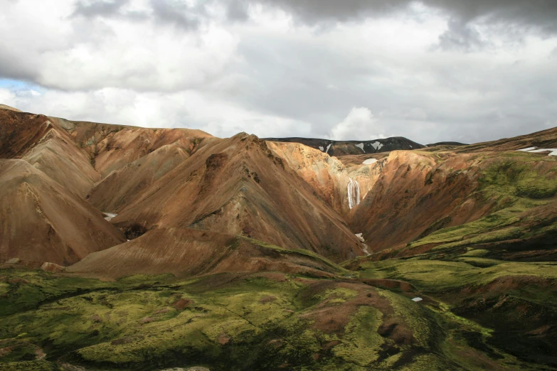 the view from the top of the mountain shows what looks like hills in green and brown