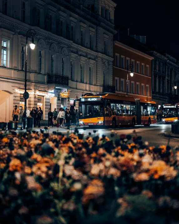 a yellow bus driving down a street next to tall buildings, by Emma Andijewska, unsplash contest winner, socialist realism, field of flowers at night, orange flowers, market square, saint petersburg