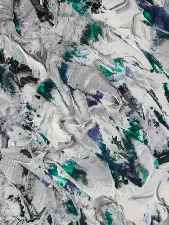 a close up of a painting on a wall, inspired by Gerhard Richter, trending on unsplash, ice shards, swirling silver fish, emerald color palette, white and silver