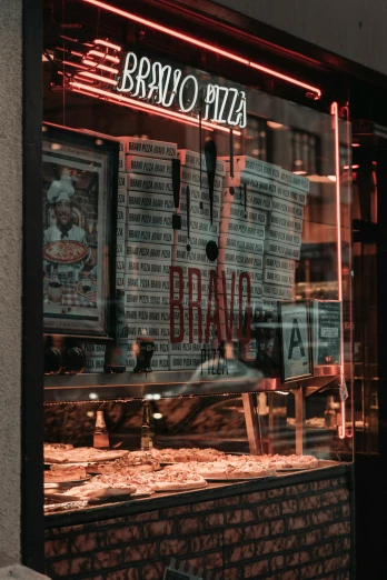 a store front with a neon sign in the window, a photo, pexels contest winner, visual art, italian pizza, thumbnail, brown, full profile