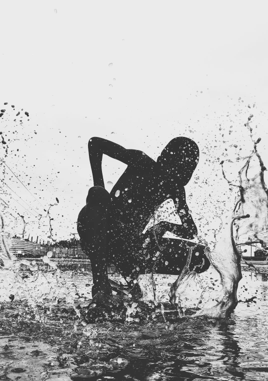 a man riding a wave on top of a surfboard, a black and white photo, by Altichiero, pexels contest winner, conceptual art, splattered black goo, made of tar, dancer, ( ( abstract ) )