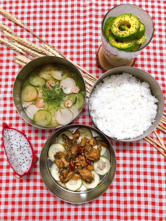 a table topped with bowls of food and chopsticks, extra pickles and onions, profile pic, ilustration, patiphan sottiwilai