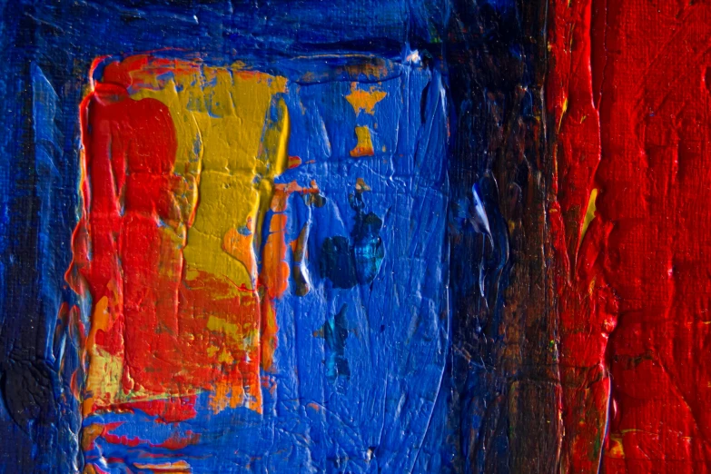 a close up of a painting of red and blue, inspired by Jasper Johns, pexels contest winner, red yellow blue, rich deep colors masterpiece, ntricate oil painting, rich blue colors