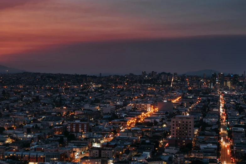 an aerial view of a city at night, unsplash contest winner, post apocalyptic san francisco, sunset mood, background image, summer evening