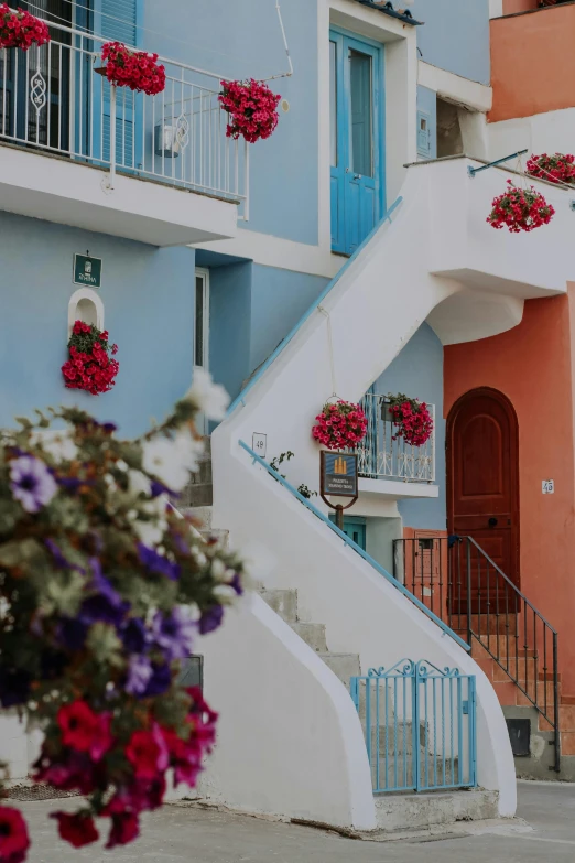 a bunch of flowers hanging from the side of a building, colorful houses, outdoor staircase, azure and red tones, exterior