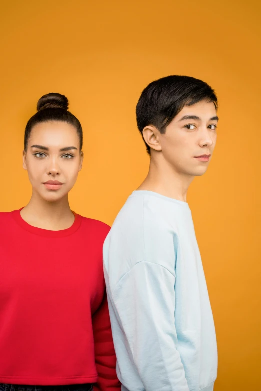 a couple of people standing next to each other, trending on pexels, antipodeans, rex orange county, androgynous face, 15081959 21121991 01012000 4k, red shirt