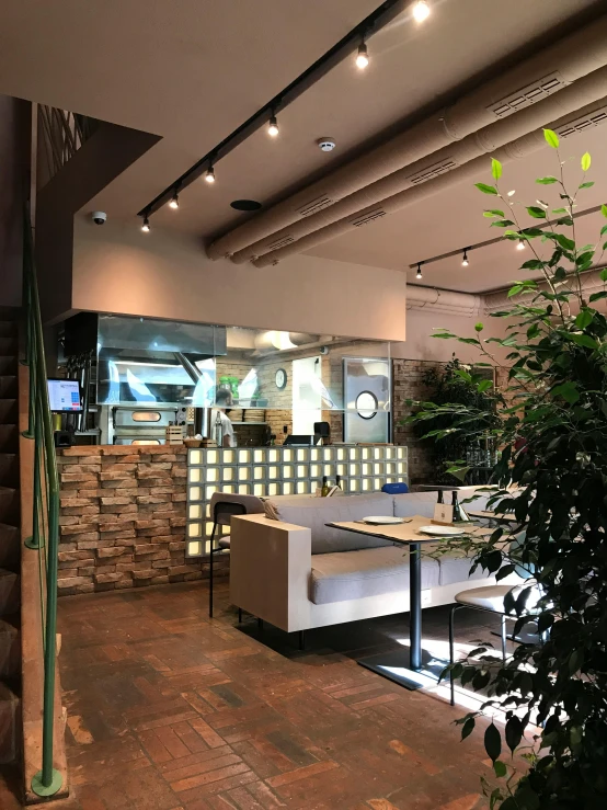 a living room filled with furniture and a potted plant, standing in a restaurant, thumbnail, koji morimoto shinjuku, led