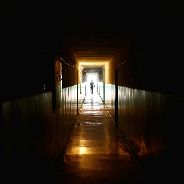 a couple of people walking down a dark hallway, pexels contest winner, conceptual art, single figure, hollow, by emmanuel lubezki, enlightening