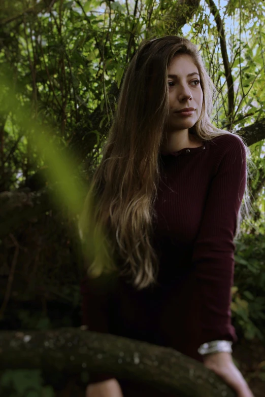 a woman sitting on top of a tree branch, inspired by Elsa Bleda, pexels contest winner, renaissance, long hair and red shirt, 🤤 girl portrait, wearing a green sweater, ( low key light )