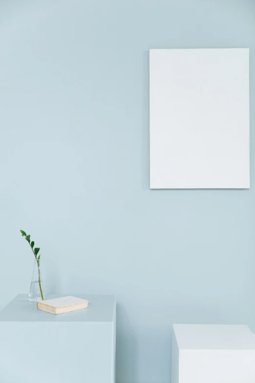 a vase sitting on top of a white table, a minimalist painting, postminimalism, brightly lit blue room, promo image, whiteboard, canvas