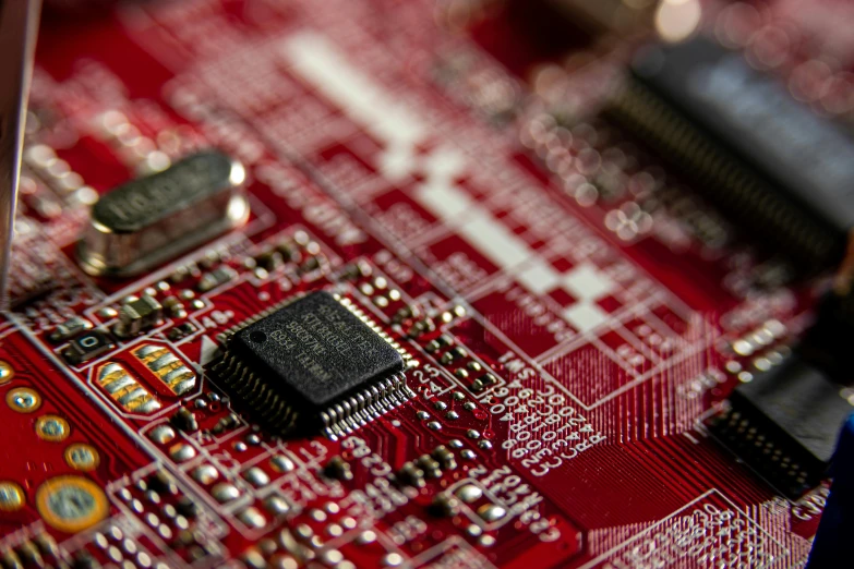 a close up of a computer mother board, by Daniel Lieske, pixabay, renaissance, crimson themed, instagram post, organic transistors, close up shot of an amulet