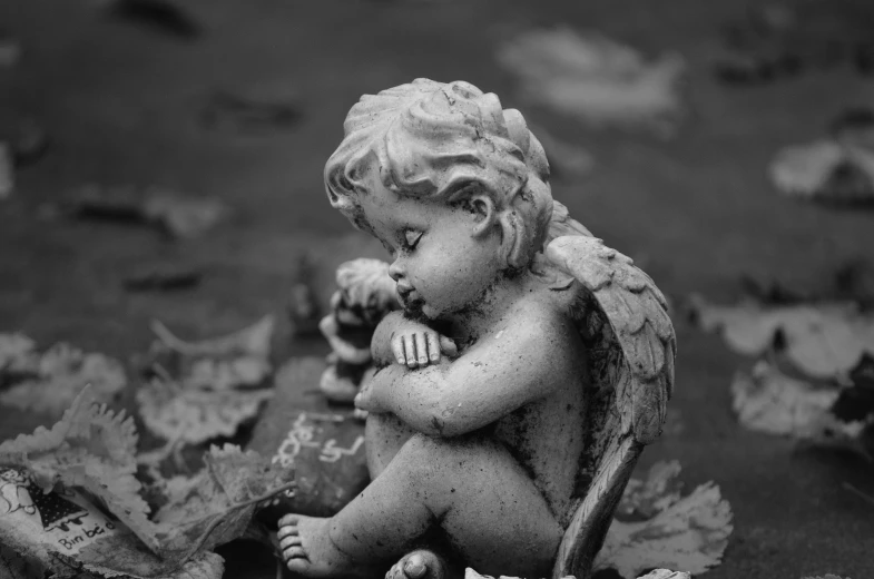 a statue of an angel sitting on a pile of leaves, a statue, by Marie Angel, pexels, gothic art, black and white color only, sad eyes tears, childhood friend, beautiful detailed miniature