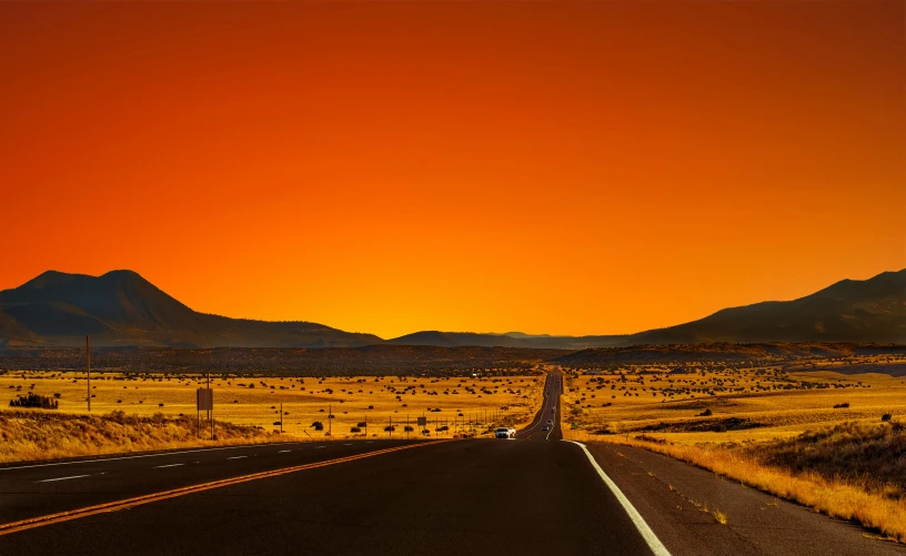 an empty road in the middle of a desert, an album cover, pexels contest winner, orange neon, new mexico, panoramic photography, ochre