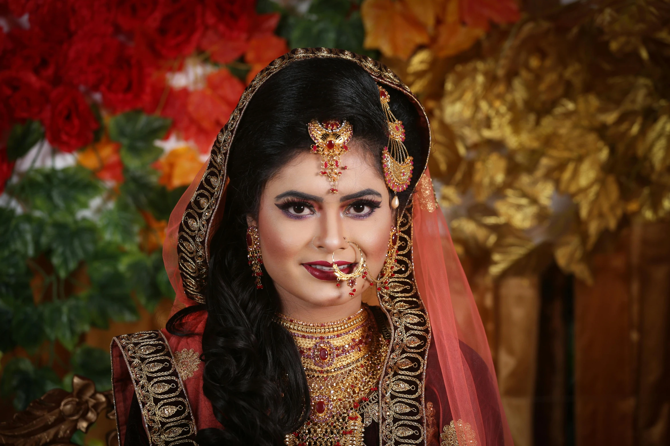 a woman in a red and gold outfit posing for a picture, a picture, trending on pixabay, hurufiyya, bangladesh, in professional makeup, wedding, thumbnail