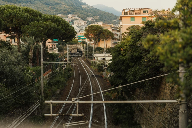 a train traveling down train tracks next to a lush green hillside, a portrait, pexels contest winner, renaissance, italian mediterranean city, early evening, wires hanging above street, seaside