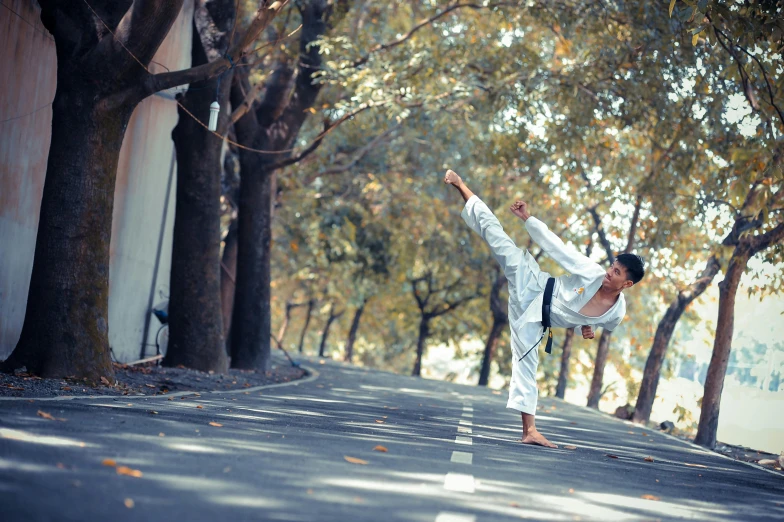 a man is doing a trick on a skateboard, inspired by Liao Chi-chun, pexels contest winner, arabesque, wearing a white gi, against the backdrop of trees, avatar image, ryu from street fighter