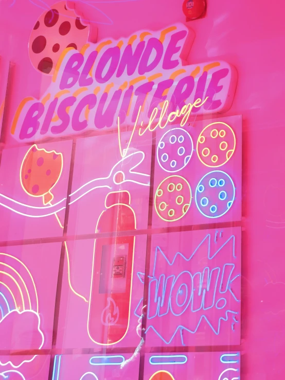 a close up of a sign in a store window, by Olivia Peguero, featured on instagram, blonde crea, neon blacklight color scheme, 🐿🍸🍋, courtesy of centre pompidou