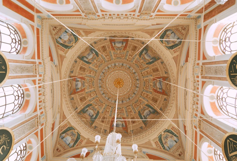 the ceiling of a church with stained glass windows, a digital rendering, by Lubin Baugin, unsplash contest winner, neoclassicism, neoclassical tower with dome, 2 5 6 x 2 5 6 pixels, seville, still from a wes anderson movie