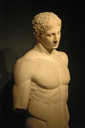 a statue of a man with no shirt on, mannerism, ridiculously handsome, ancient era, looking to his side, anatomically correct