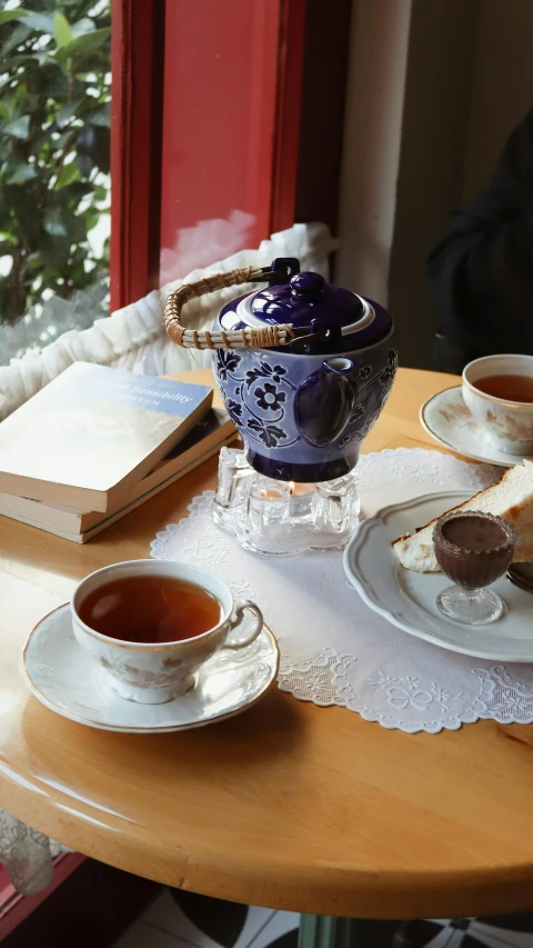 a table that has a cup of tea on it, sakimichan, purple, thumbnail, 8 l