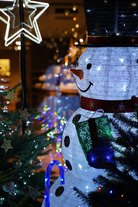 a close up of christmas lights in front of a snowman