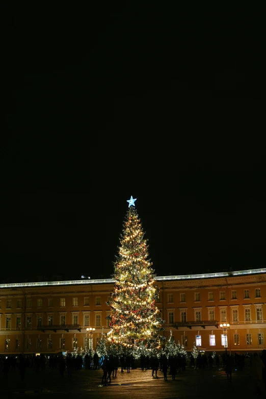 people stand in front of a christmas tree