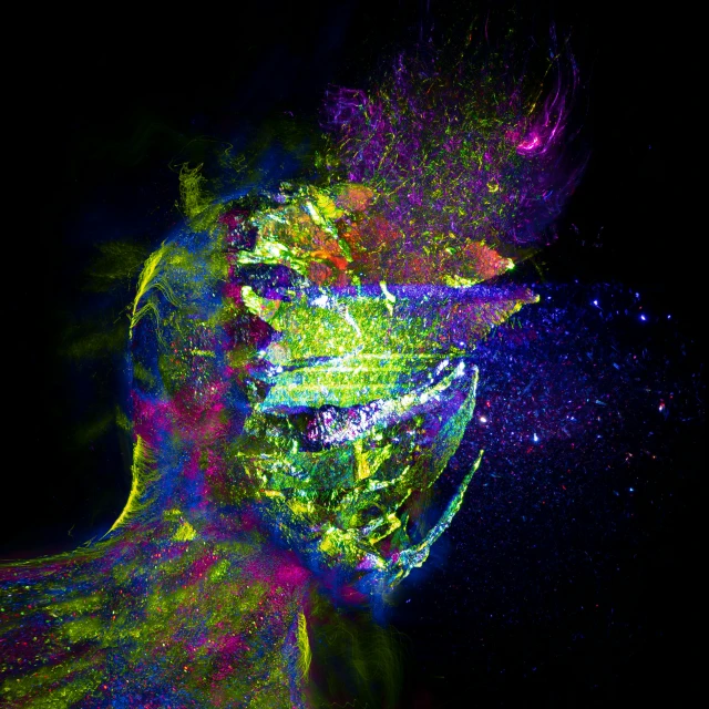 a close up of a person with neon paint on their face, an album cover, inspired by Alberto Seveso, pexels, generative art, radiating dark energy aura, galactic yellow violet colors, epic 3 d abstract model, glowing liquid