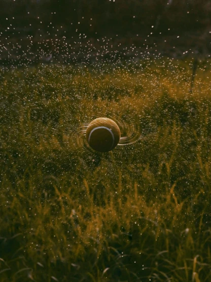 a soccer ball sitting on top of a lush green field, by Filip Hodas, unsplash contest winner, during a hail storm, tennis ball, instagram story, nighttime
