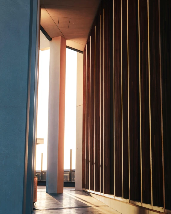 a hallway leading to the outside of a building, a digital rendering, by Carey Morris, unsplash, light and space, golden hour closeup photo, black vertical slatted timber, standing inside of a church, photo of the cinema screen