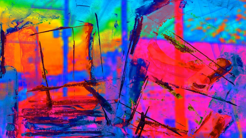 a painting of a boat on a body of water, an abstract painting, inspired by Richter, pexels, abstract art, vivid neon colors, digital art - n 9, multi colour, magenta and blue