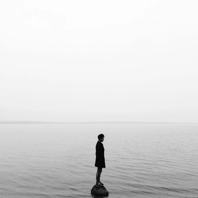 a person standing on a rock in the water, a black and white photo, unsplash, minimalism, beautiful lonely girl, minimalistic painting, silence, portait image