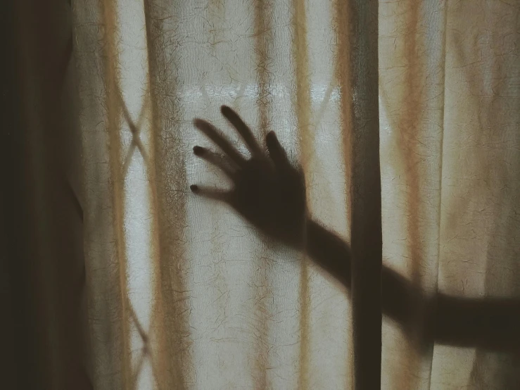 a shadow of a hand on a curtain, pexels, zombie arms out in front, instagram post, soul leaving body, ilustration