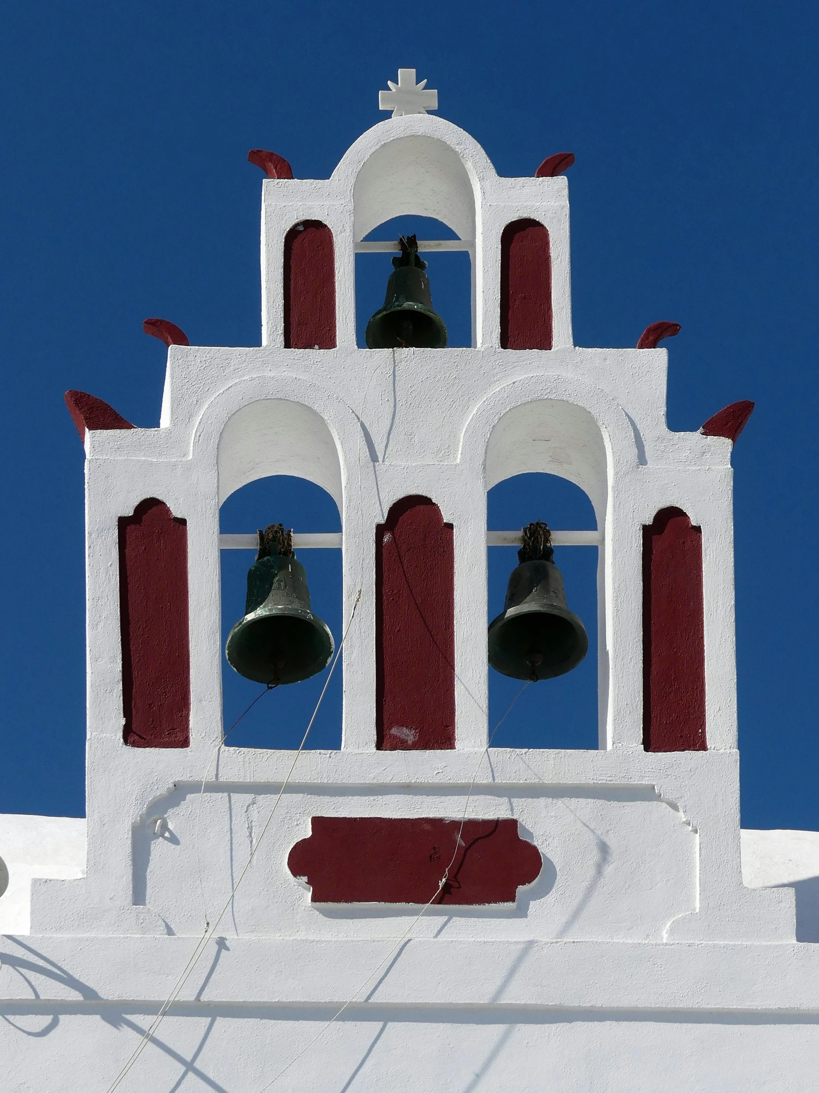 a red and white bell tower against a blue sky, by Leonard Ochtman, greek elements, square, hear no evil, ornaments