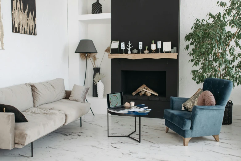 a living room filled with furniture and a fire place, inspired by Peter de Sève, unsplash contest winner, figuration libre, marble table, with a white background, blue and black scheme, medium height