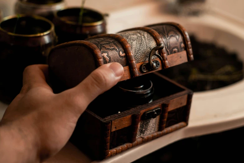 a person holding a leather case in front of a sink, an etching, pexels contest winner, looking at the treasure box, mini model, pirate, thumbnail