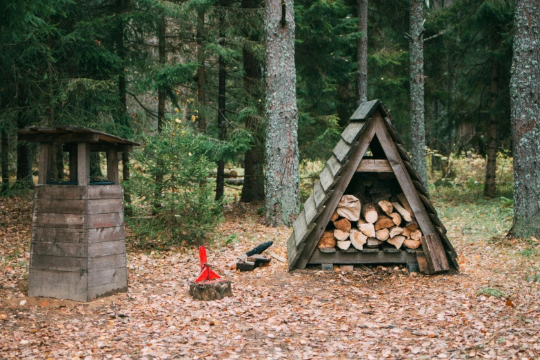 a pile of wood sitting in the middle of a forest, by Jaakko Mattila, unsplash, land art, teepee, tiny village, 90s photo, 1 6 x 1 6