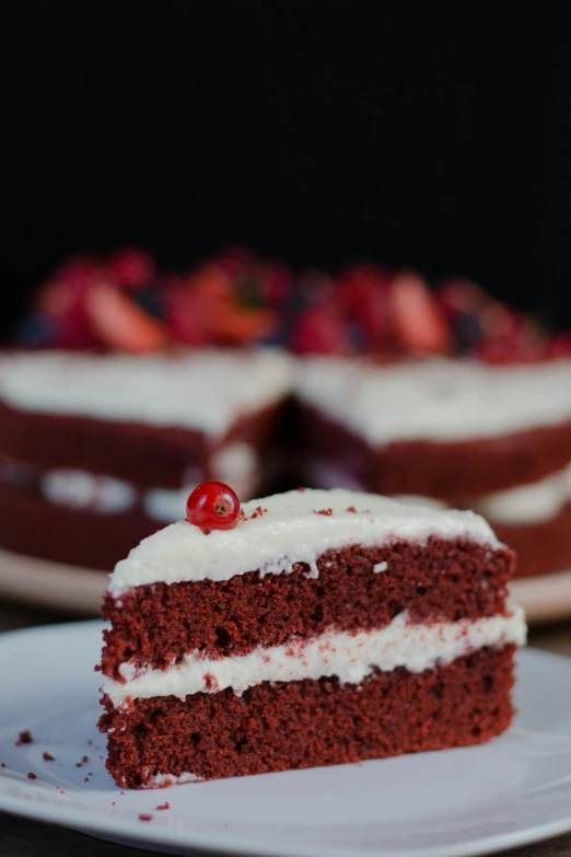 a slice of red velvet cake on a plate, pexels, angle view, maia sandu hyperrealistic, 15081959 21121991 01012000 4k, unedited