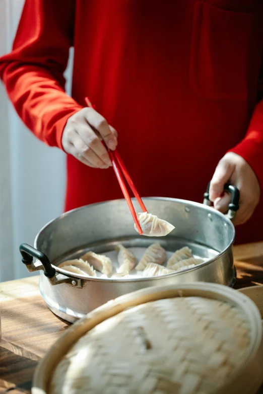 a person in a red shirt stirring food in a pan, dumplings on a plate, wearing silver silk robe, premium quality, thumbnail