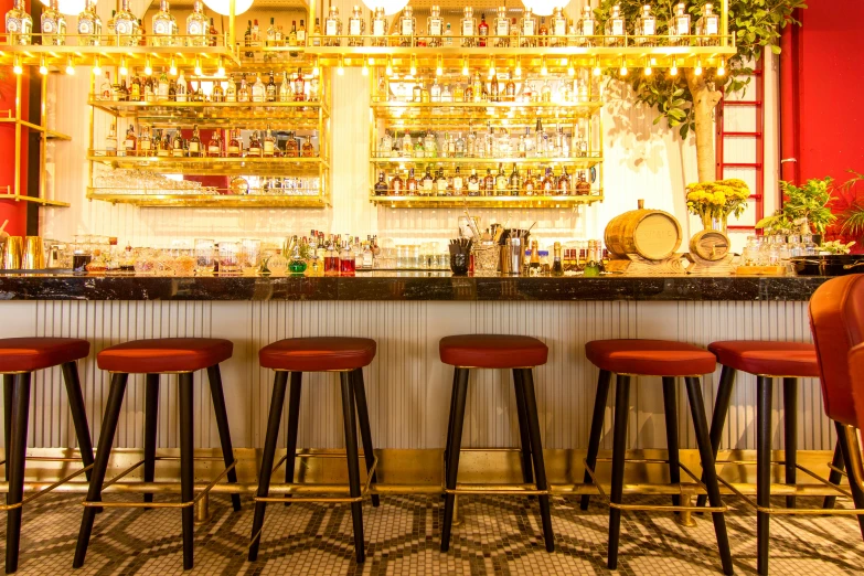 a group of red stools sitting in front of a bar, a portrait, by Meredith Dillman, pexels, renaissance, red white and gold color scheme, panoramic shot, 🦩🪐🐞👩🏻🦳, ivy's