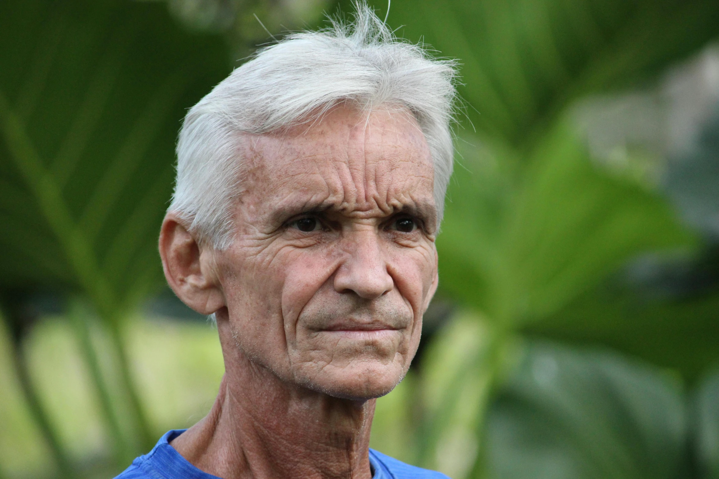 an older white haired man in front of plants