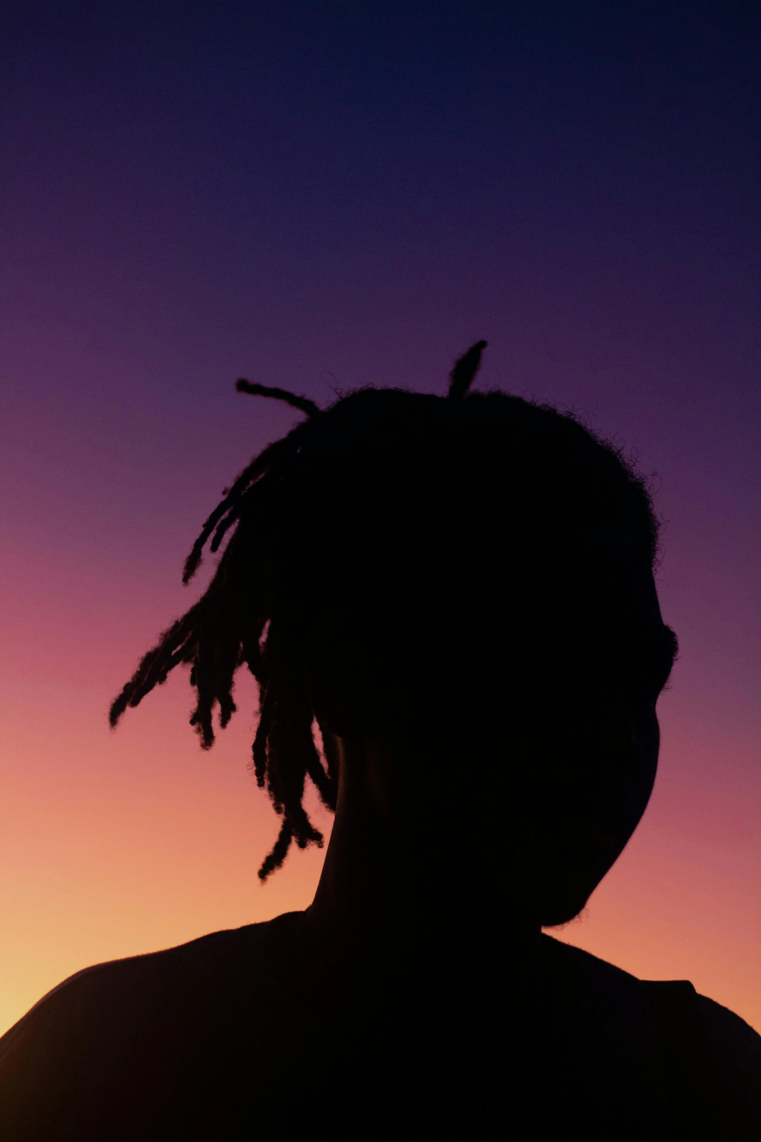 a man with dreadlocks standing in front of a sunset, an album cover, pexels contest winner, black arts movement, profile image, people's silhouettes close up, xxxtentacion, brightly colored