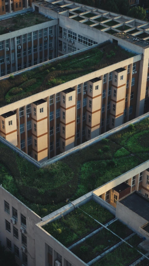 a very large building with a green roof on top of it