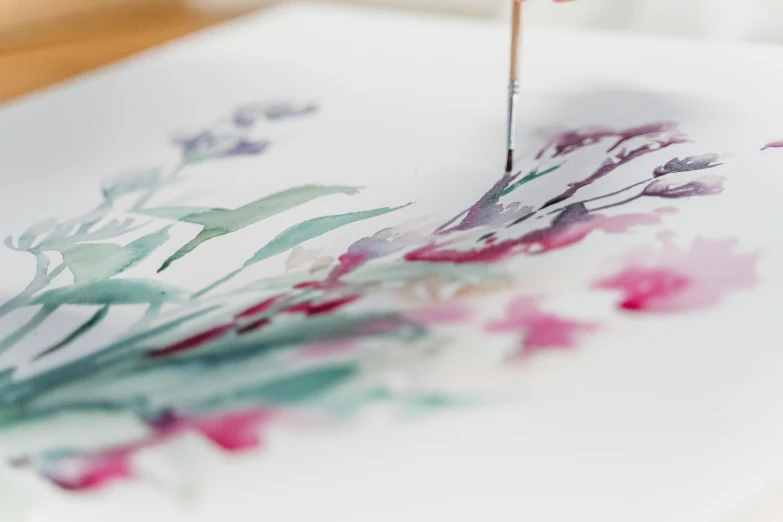 a person painting with a brush on a piece of paper, a watercolor painting, inspired by artist, trending on pexels, process art, floral splash painting, botanicals, elegant high art, painted with colour on white