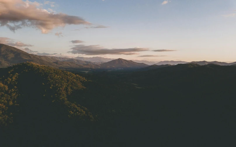 a dark image with trees in the foreground and mountains in the background