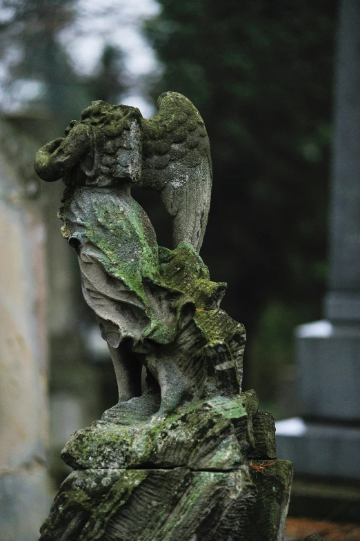 a statue of an angel on top of a tree stump, inspired by Ludwig Knaus, unsplash, baroque, mossy ruins, moist, walking to the right, in the middle of a graveyard