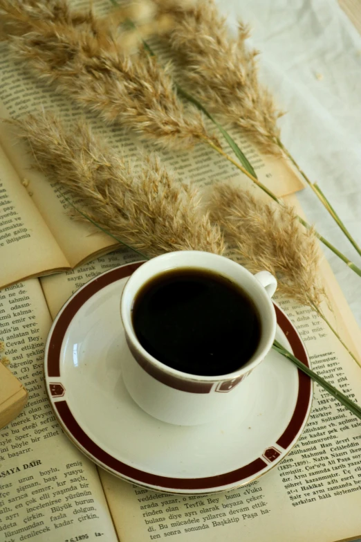 an open book next to an empty coffee cup