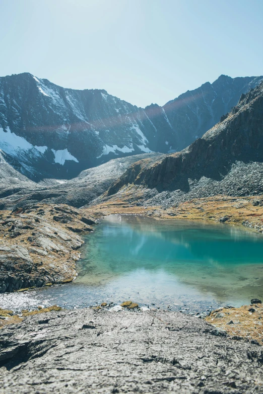 mountains surround a bright blue lake in the desert